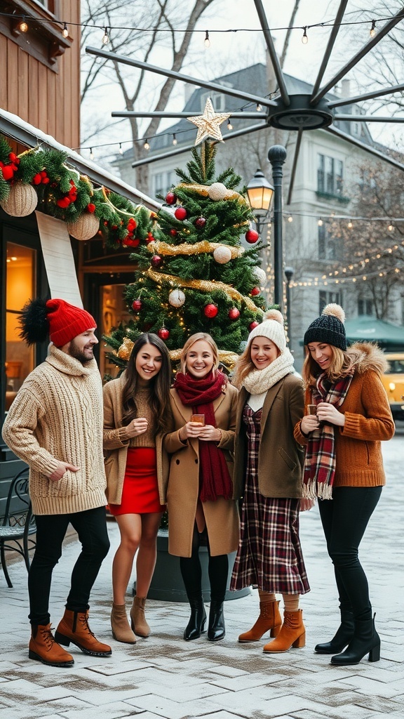 Group of friends in stylish winter outfits celebrating at an outdoor Christmas party with decorations and snow.